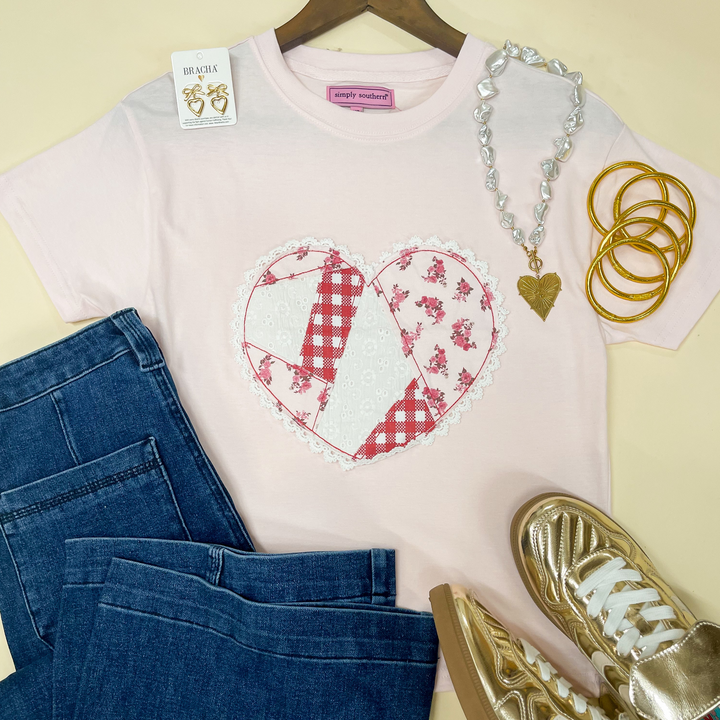 Simply Southern | Sweetly Yours Patchwork Heart with Lace Trim Short Sleeve T-Shirt in Pink