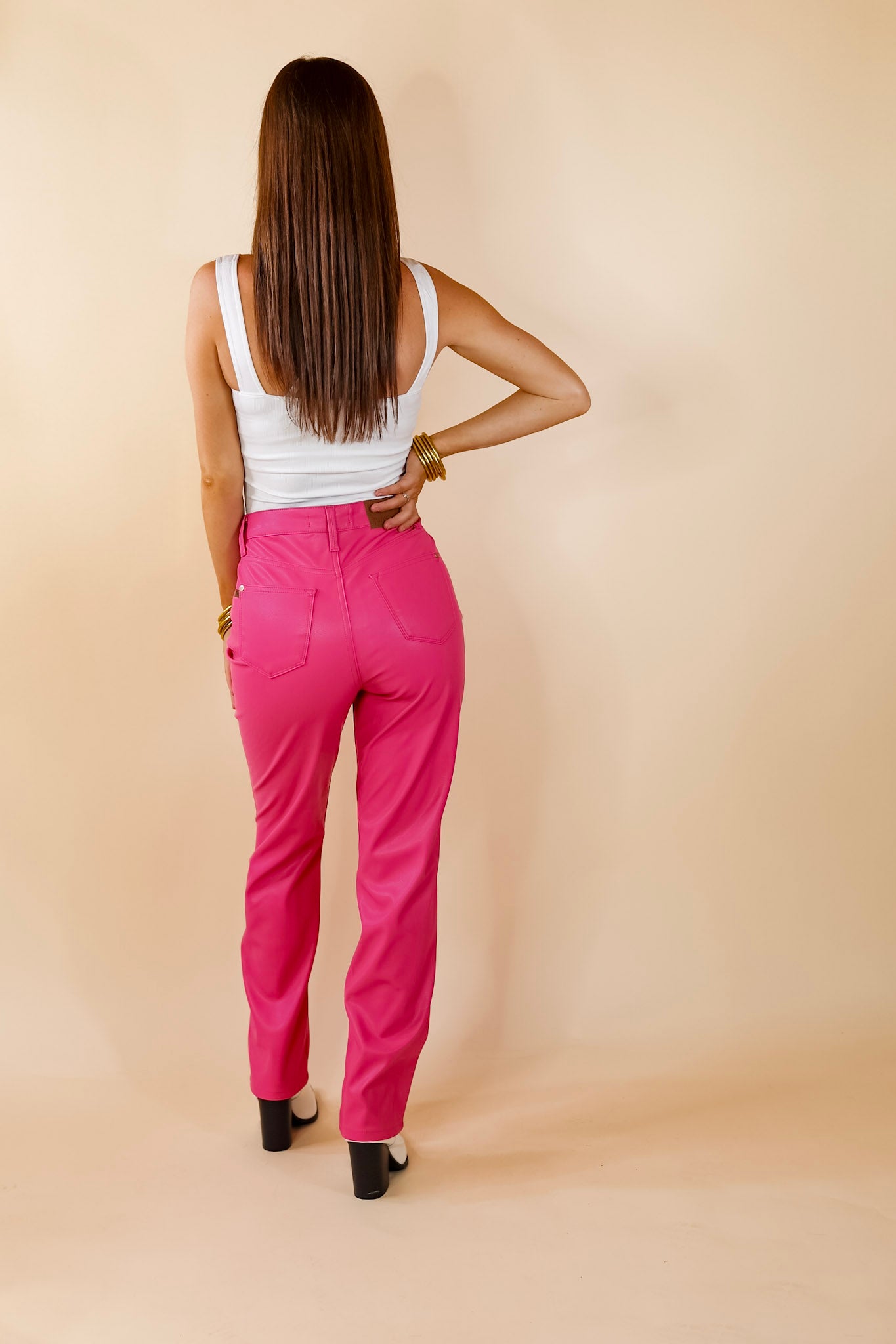 Judy Blue | Let's Go Party Faux Leather Tummy Control Straight Leg Pants in Hot Pink - Giddy Up Glamour Boutique