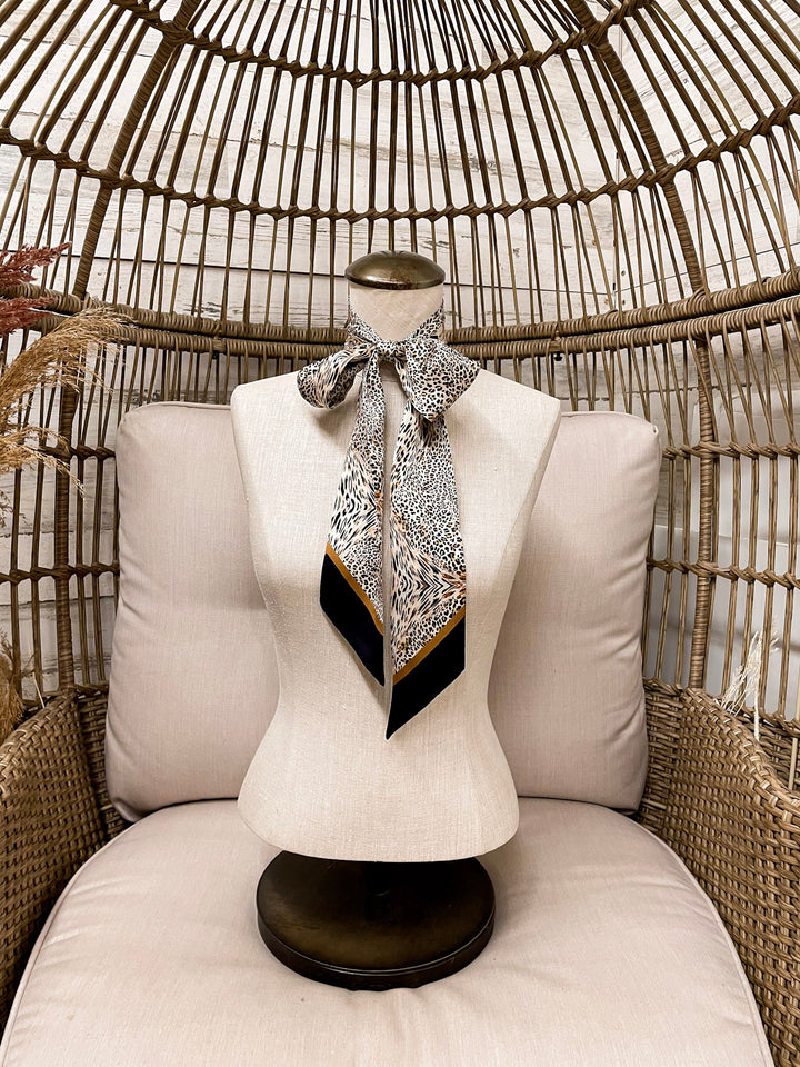 Wyoming Traders | Leopard Print Charmeuse Silk Twilly Scarf in Tan