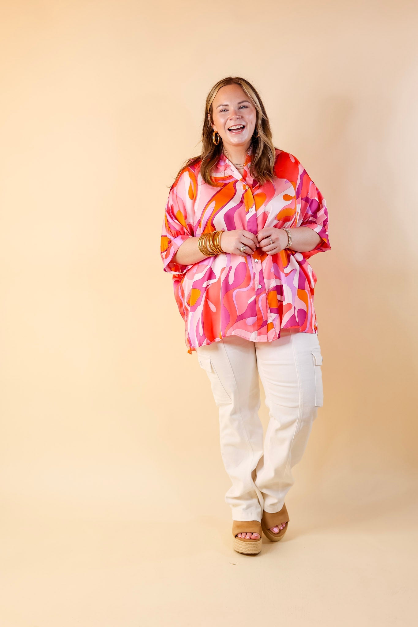 Sophisticated Sweetie Button Up Mosaic Print Poncho Top in Pink Mix - Giddy Up Glamour Boutique