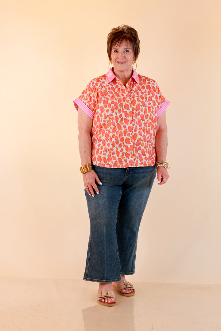 Talk the Talk Leopard Print Button Front Top with Stripe Contrast Collar in Pink and Orange