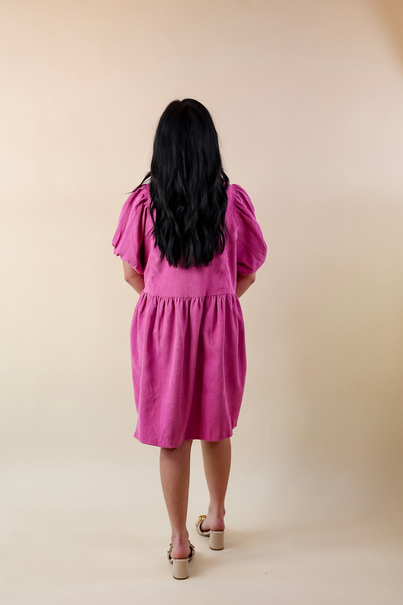 Adventures Ahead Button Up Corduroy Babydoll Dress in Magenta Purple - Giddy Up Glamour Boutique