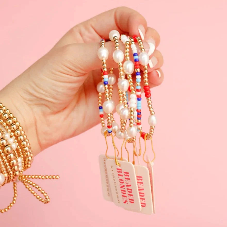Beaded Blondes | Red, White & Blues Pearl Gold Stretchy Poppi Bracelet - Giddy Up Glamour Boutique
