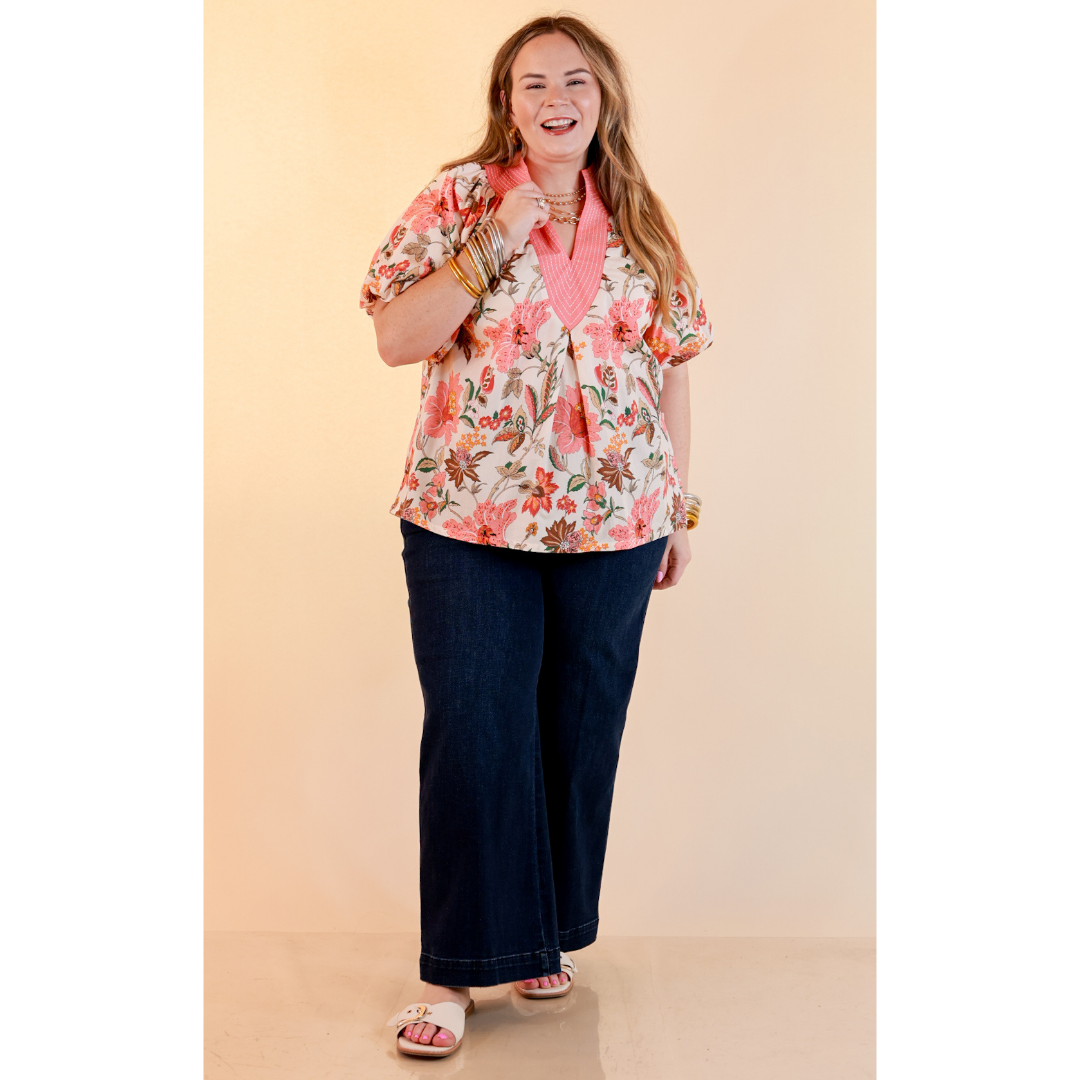 Secret Garden Floral Print Top with Contrast Collar and Puff Sleeves in Pink Multi