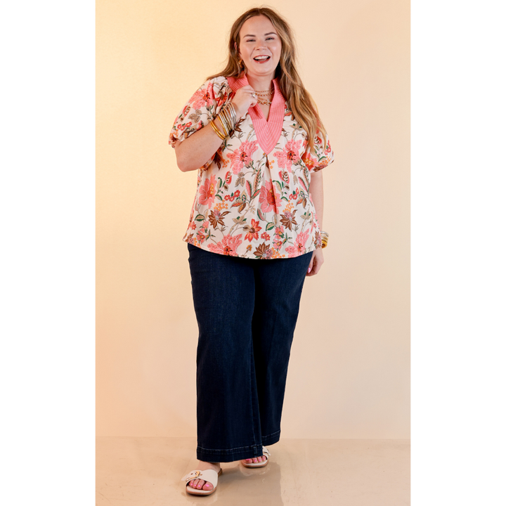 Secret Garden Floral Print Top with Contrast Collar and Puff Sleeves in Pink Multi