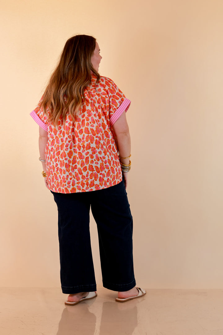 Talk the Talk Leopard Print Button Front Top with Stripe Contrast Collar in Pink and Orange