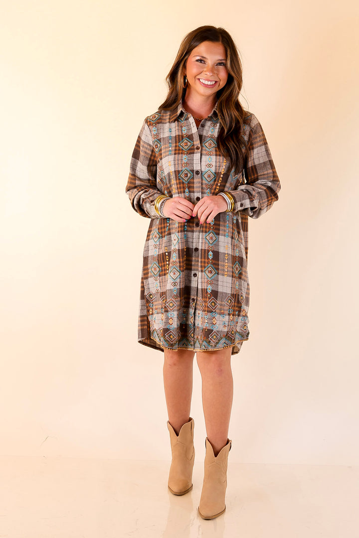 Loving In Layers Tribal Embroidered Plaid Button Up Dress in Brown Mix