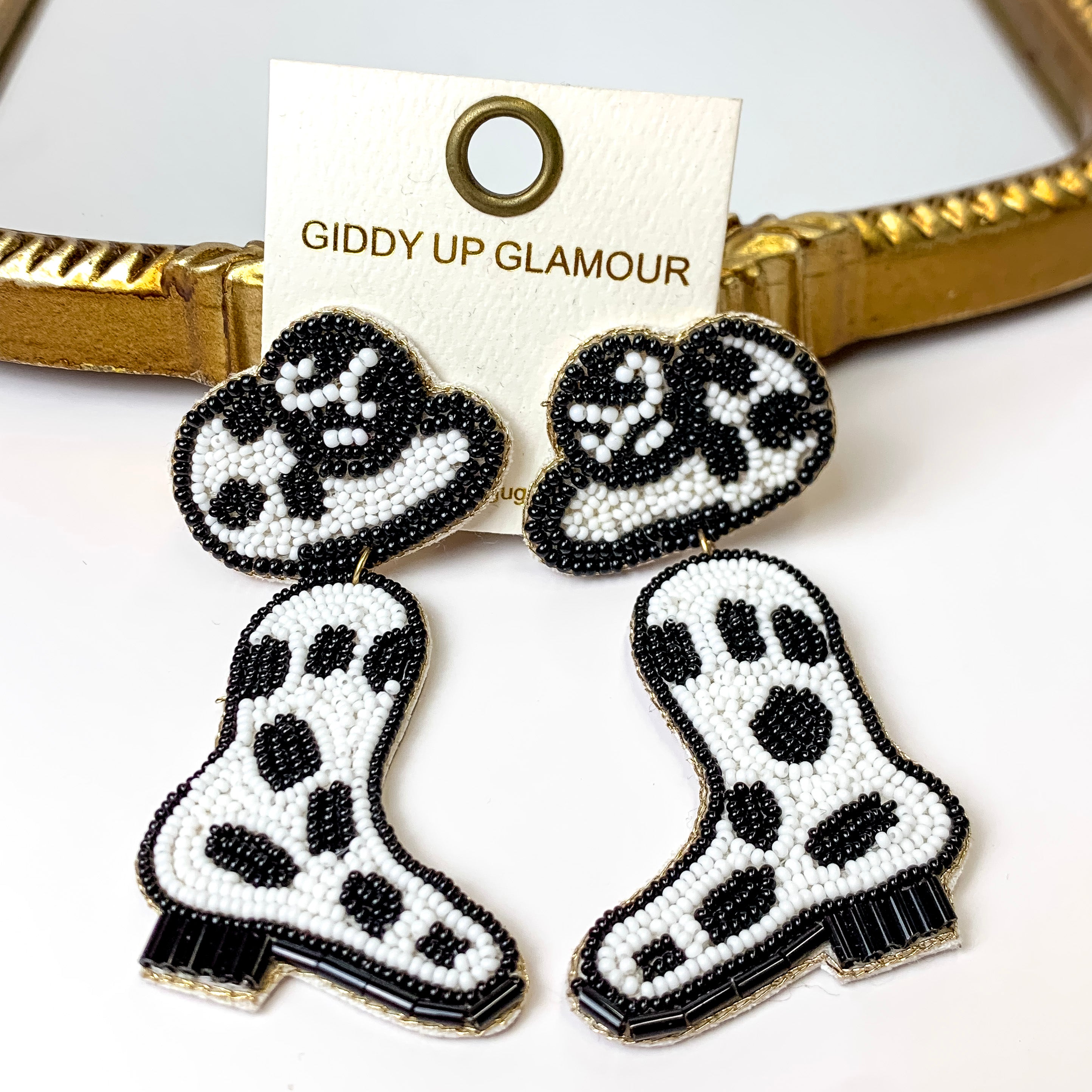Beaded Boots and Hat Post Back Earrings in Black - Giddy Up Glamour Boutique