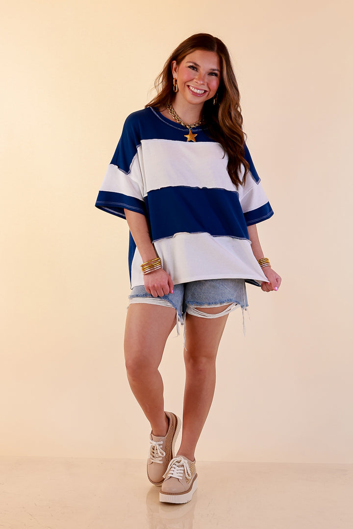 Simply Striking Color Block Rugby Style Wide Stripe Relaxed Short Sleeve Top in Navy Blue