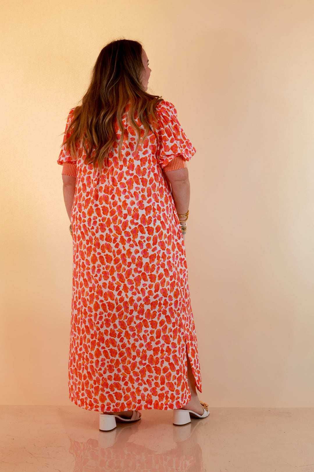 Feeling Extra Leopard Print Midi Dress with Stripe Contrast Collar and Puff Sleeves in Pink and Orange