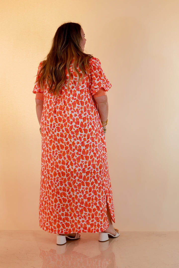 Feeling Extra Leopard Print Midi Dress with Stripe Contrast Collar and Puff Sleeves in Pink and Orange