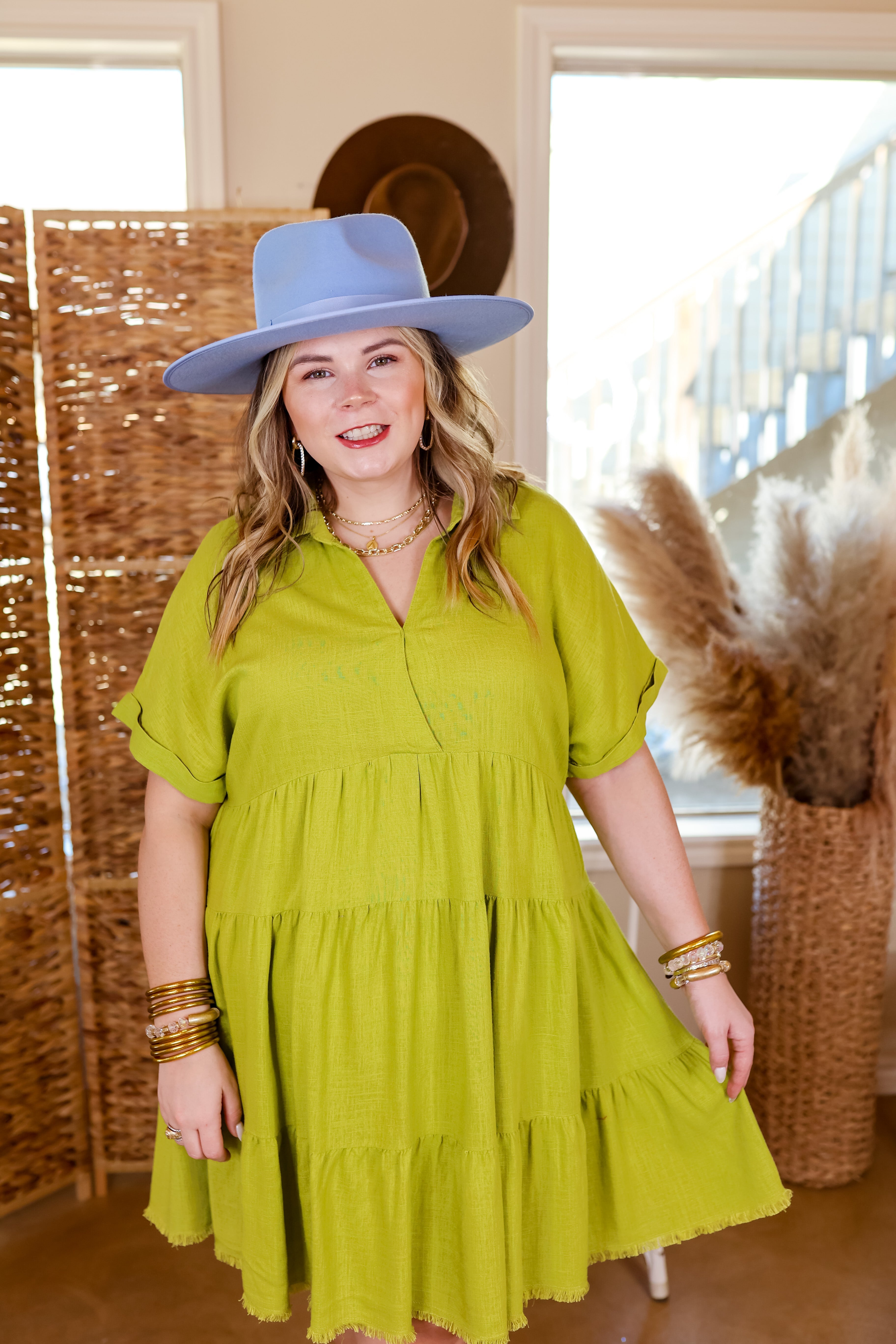 Taos Transitions Ruffle Tiered Collared Dress with Frayed Hem in Avocado Green - Giddy Up Glamour Boutique