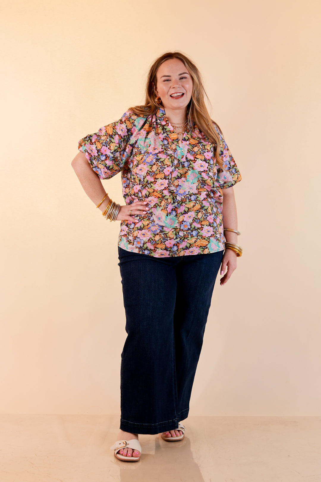 Blooming Beauty Floral Print V Neck Top with Smocked Neckline and Puff Sleeves in Multi Color
