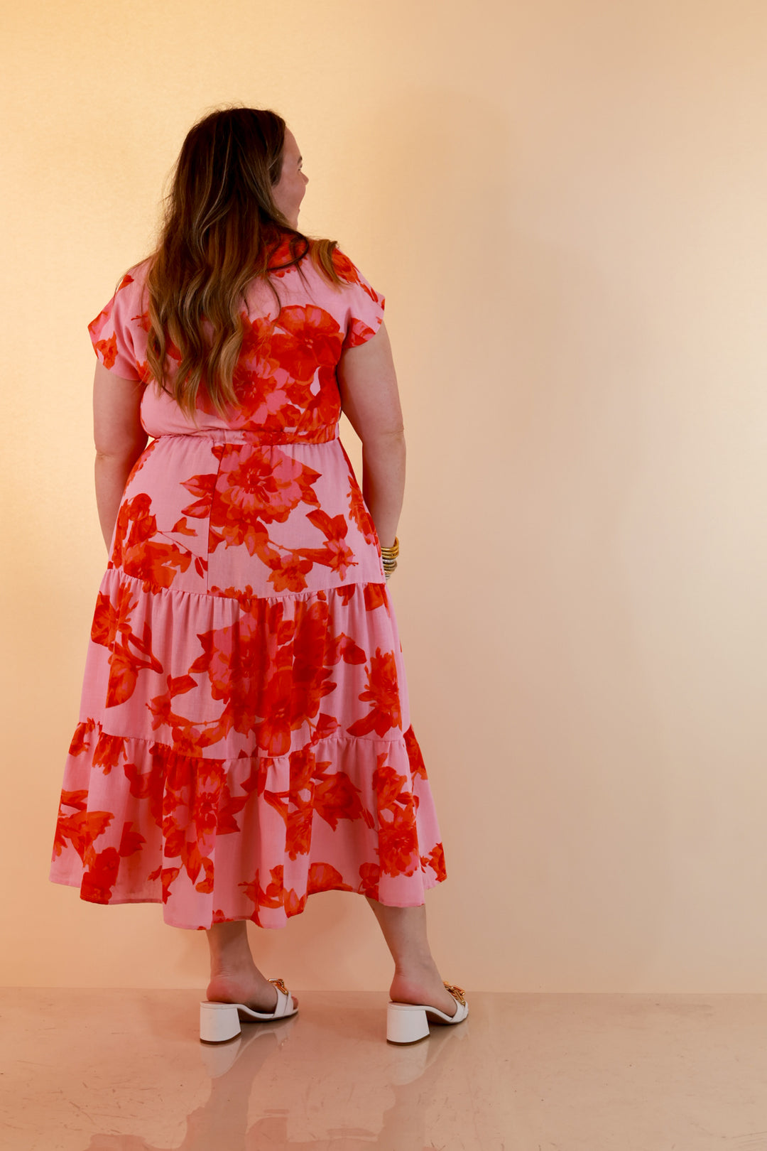 Petals at Play Ric Rac Trim Flutter Sleeve Tiered Midi Dress with Floral Print in Pink and Orange