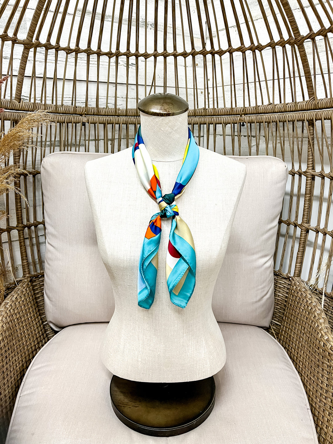 Retro Bloom Bold Multicolor Floral Square Scarf with Aqua Trim in Multicolor