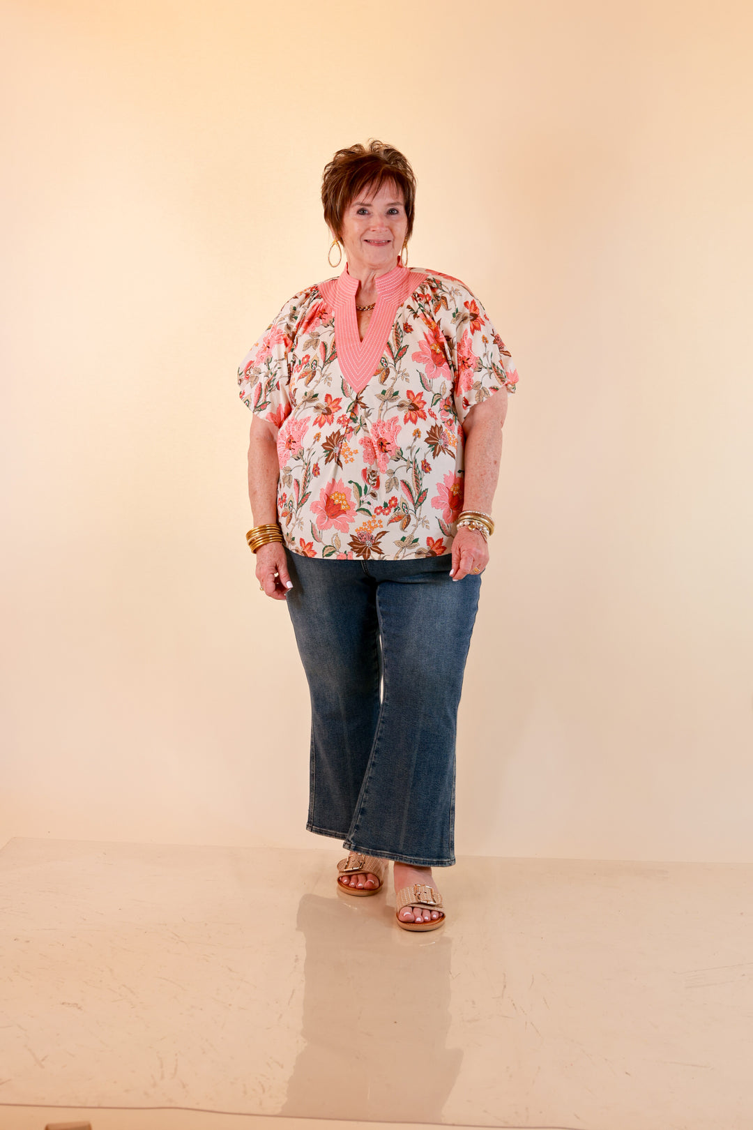 Secret Garden Floral Print Top with Contrast Collar and Puff Sleeves in Pink Multi