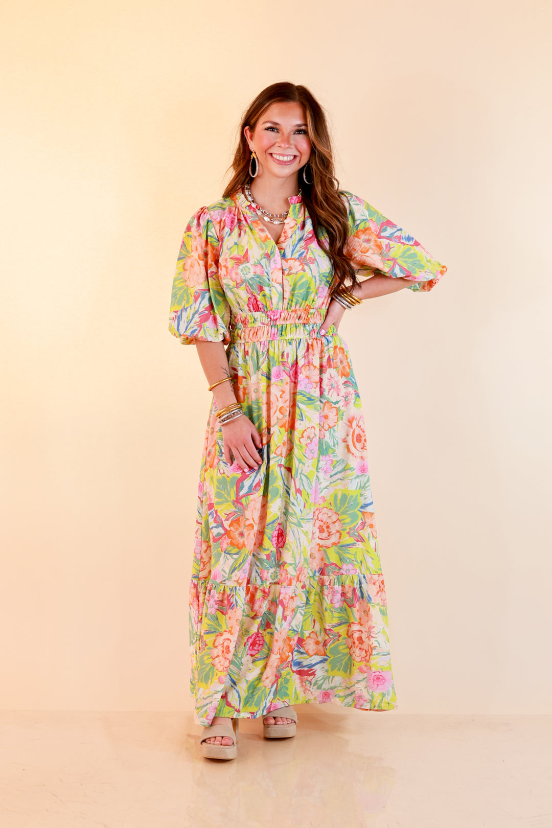 Reserved for Brunch Puff Sleeve Smocked Waist Floral Maxi Dress in Green Multi