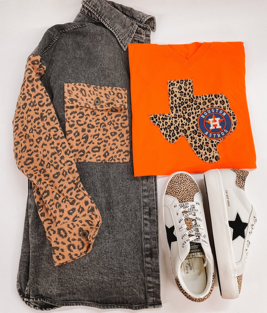 Astros Game Day | Houston Astros Leopard Print Texas Short Sleeve Graphic Tee in Orange - Giddy Up Glamour Boutique