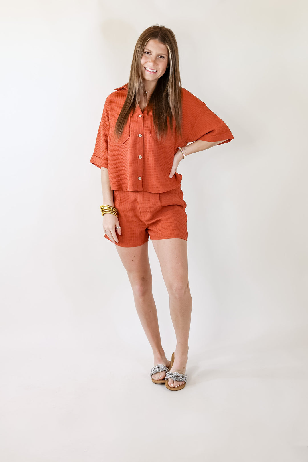 Time To Go Waffle Weave Shorts in Spice Brown - Giddy Up Glamour Boutique