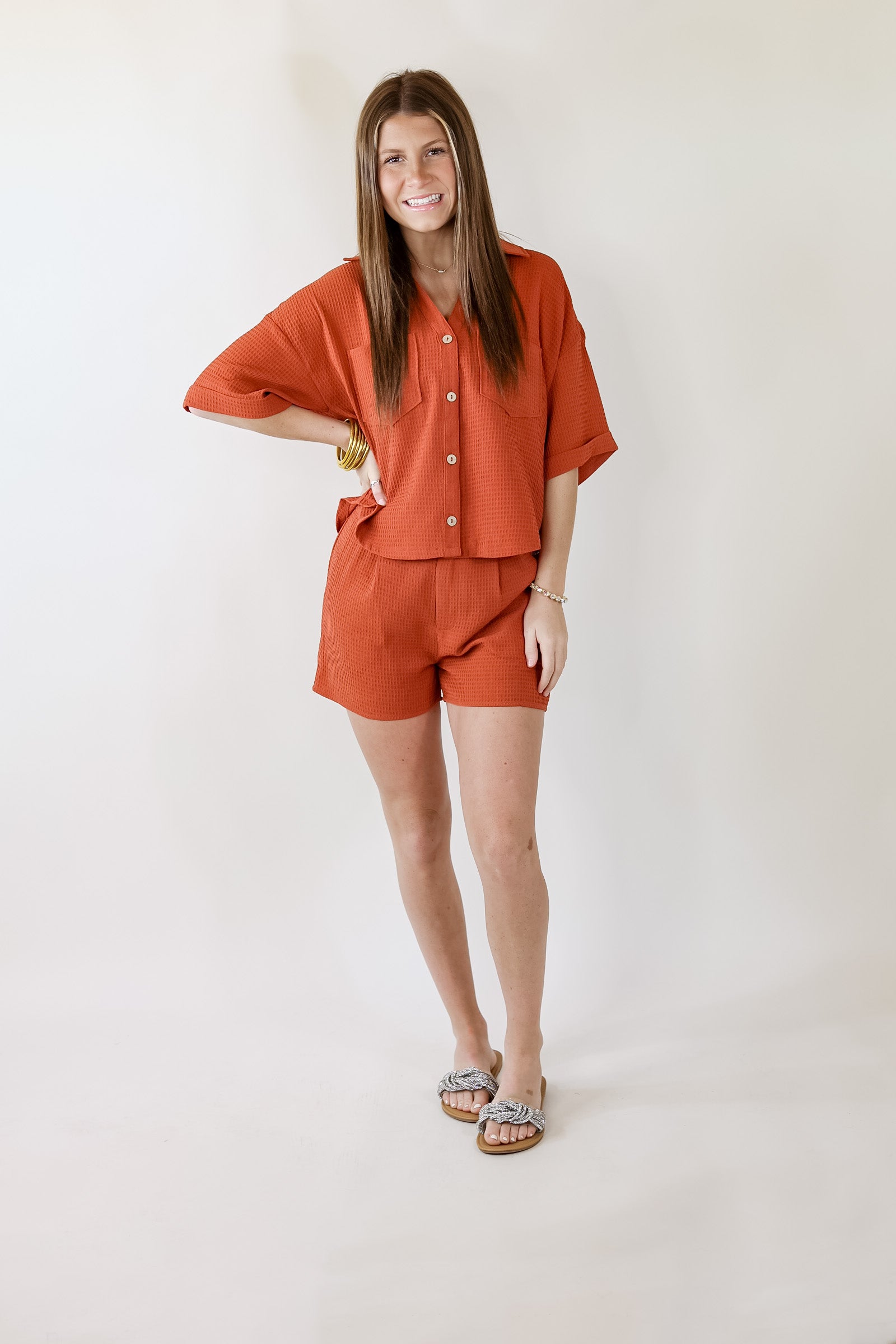 Time To Go Waffle Weave Button Up Top in Spice Brown - Giddy Up Glamour Boutique