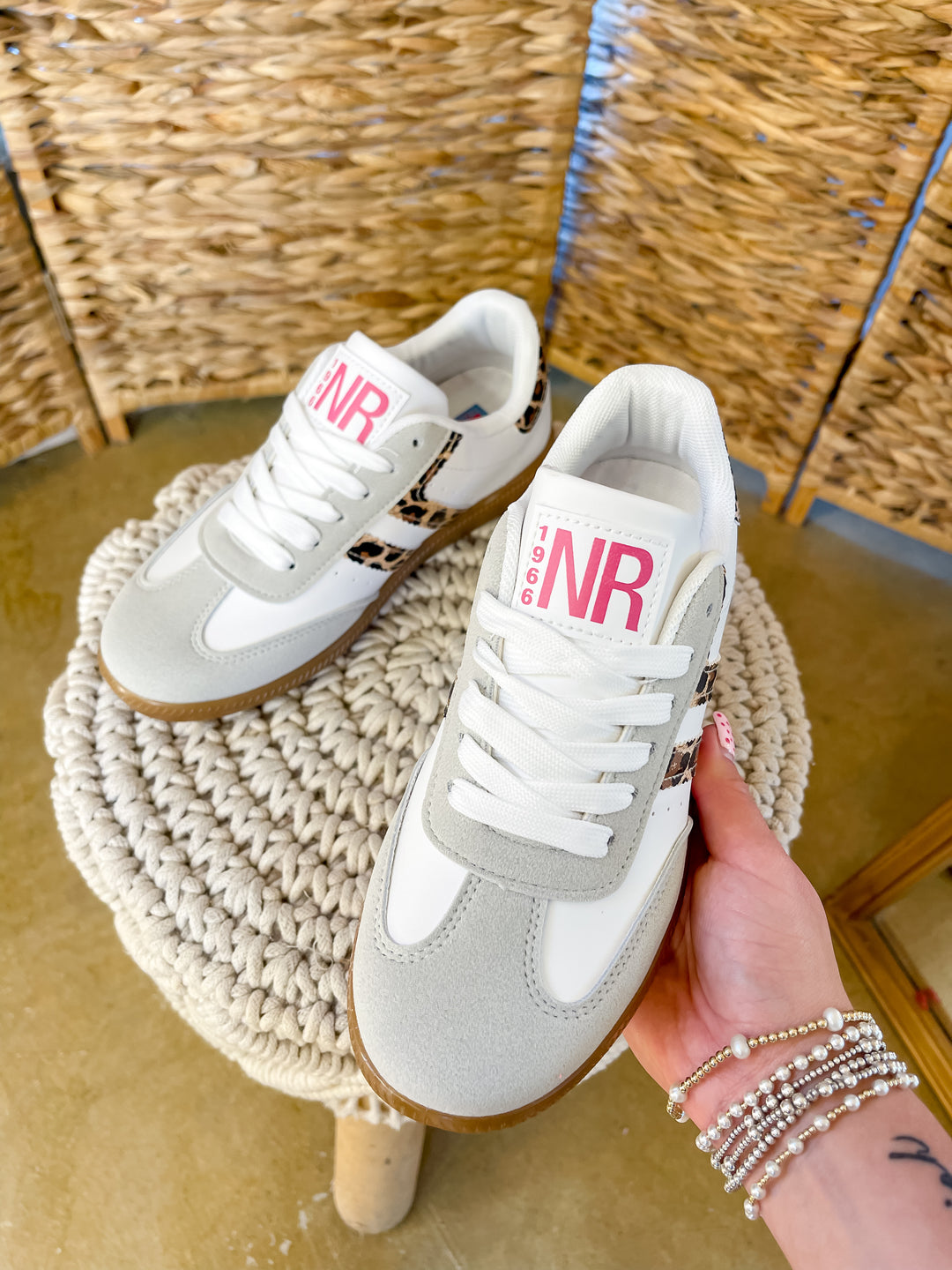 Naughty Monkey | Right on Track Retro Lace-Up Sneaker in White with Leopard Print Detail