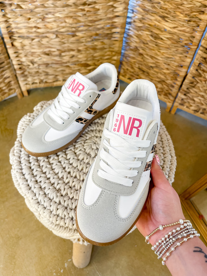Naughty Monkey | Right on Track Retro Lace-Up Sneaker in White with Leopard Print Detail