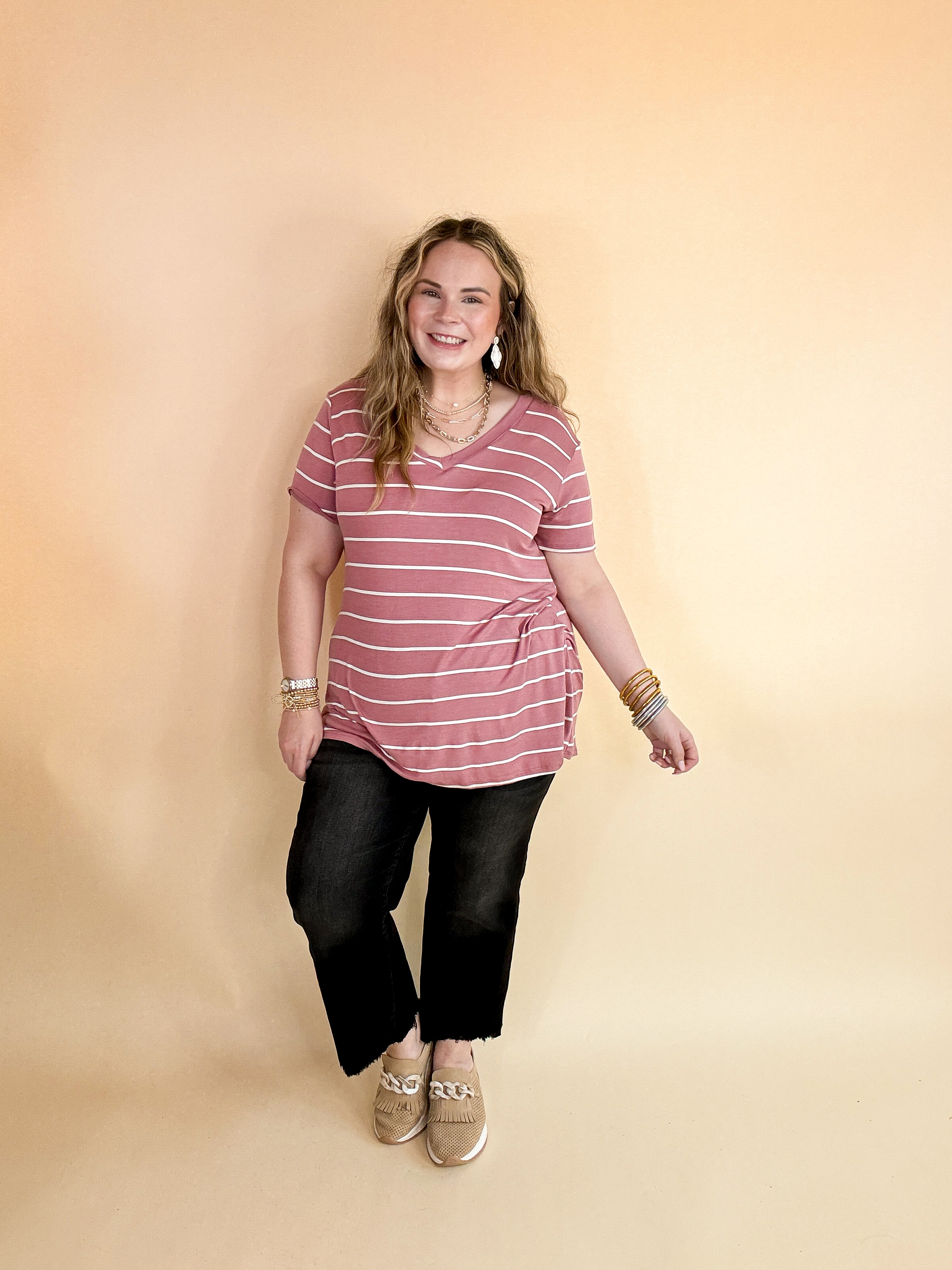 Keep Things Casual Striped V Neck Tee in Mauve