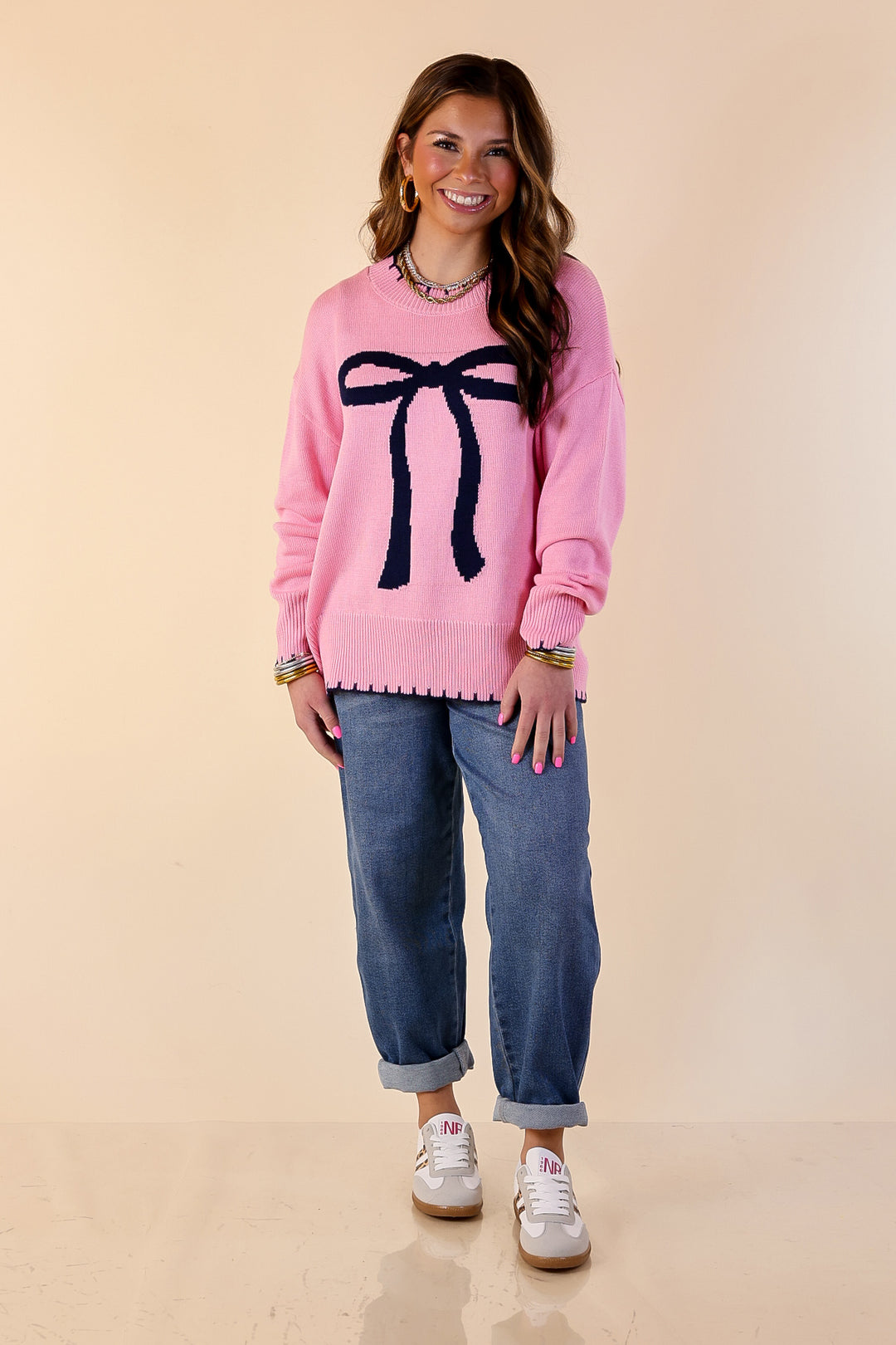 Simply Southern | Naturally Yours Knit Sweater with Navy Bow and Trim in Pink