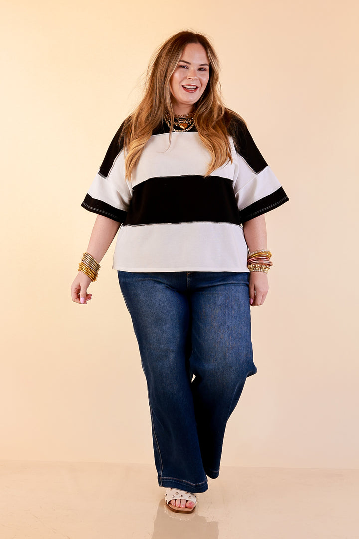 Simply Striking Color Block Rugby Style Wide Stripe Relaxed Short Sleeve Top in Black