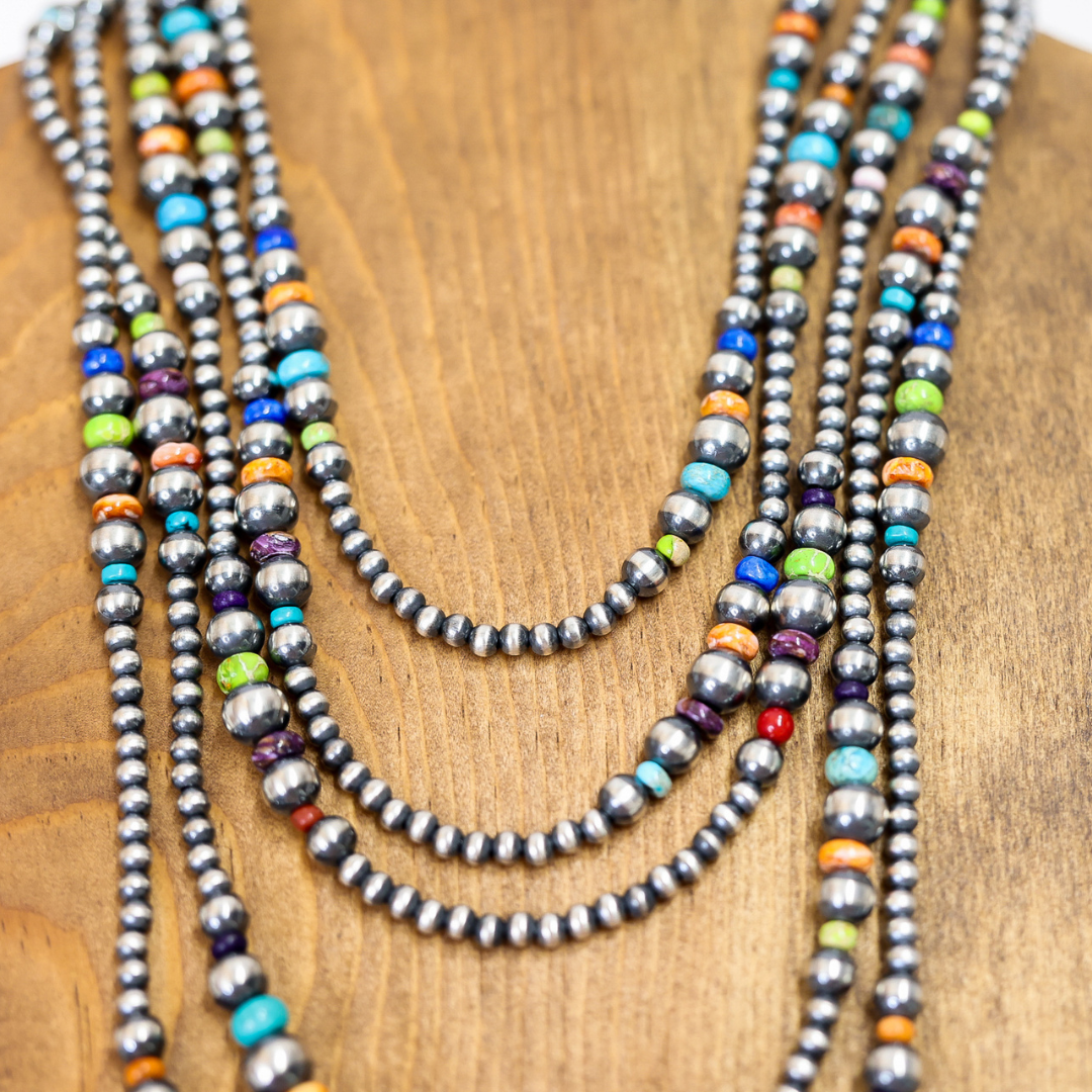 Navajo | Sterling Silver Hand Crafted Graduated Navajo Pearl Necklace with Multi Colored Stones | Varying Lengths
