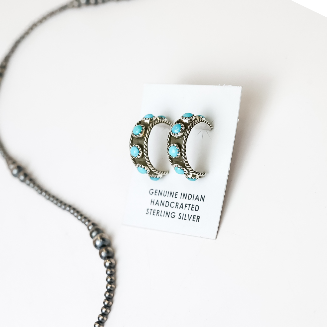 Navajo | Genuine Indian Handcrafted Sterling Silver Small Hoops with Turquoise Stones