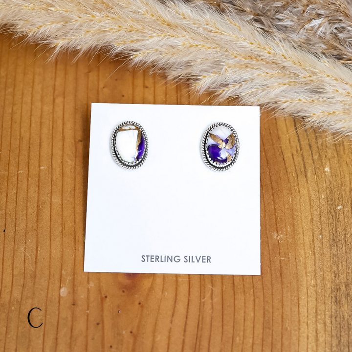 Navajo | Navajo Handmade Sterling Silver Oval Stud Earrings in Purple Mix