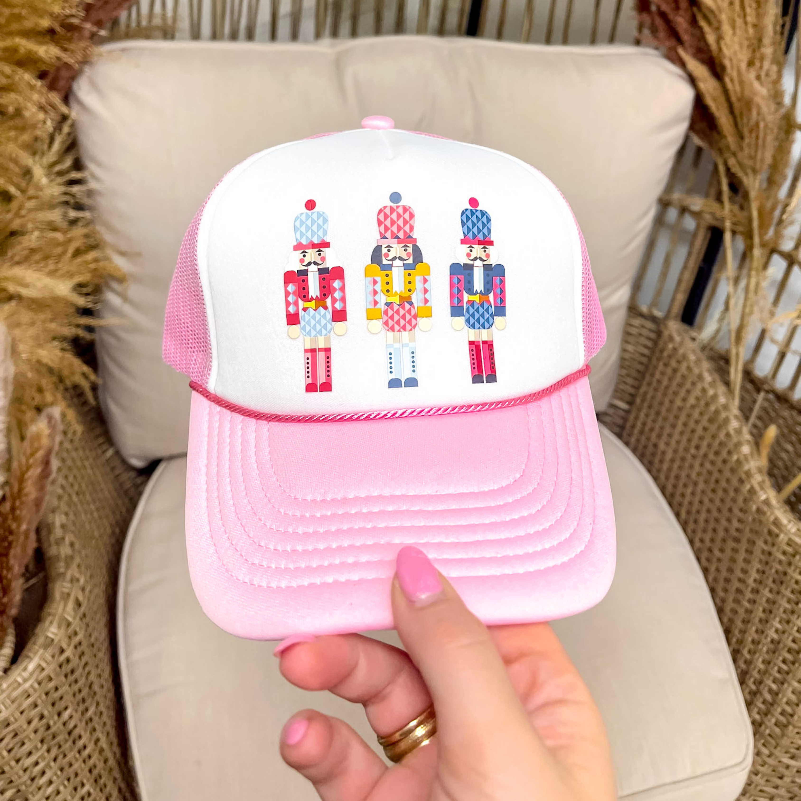 3 Nutcrackers Foam Trucker Hat in Light Pink and White