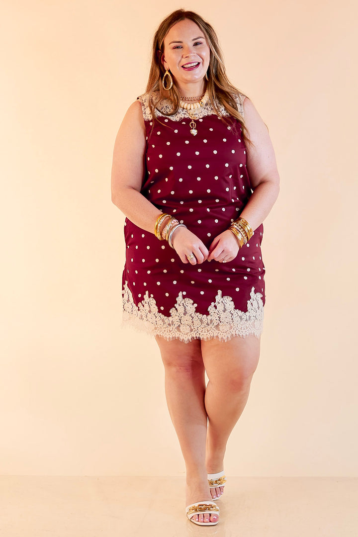 Lovely Little Details Polka Dot Lace Trim Sleeveless Shift Dress in Maroon and Ivory