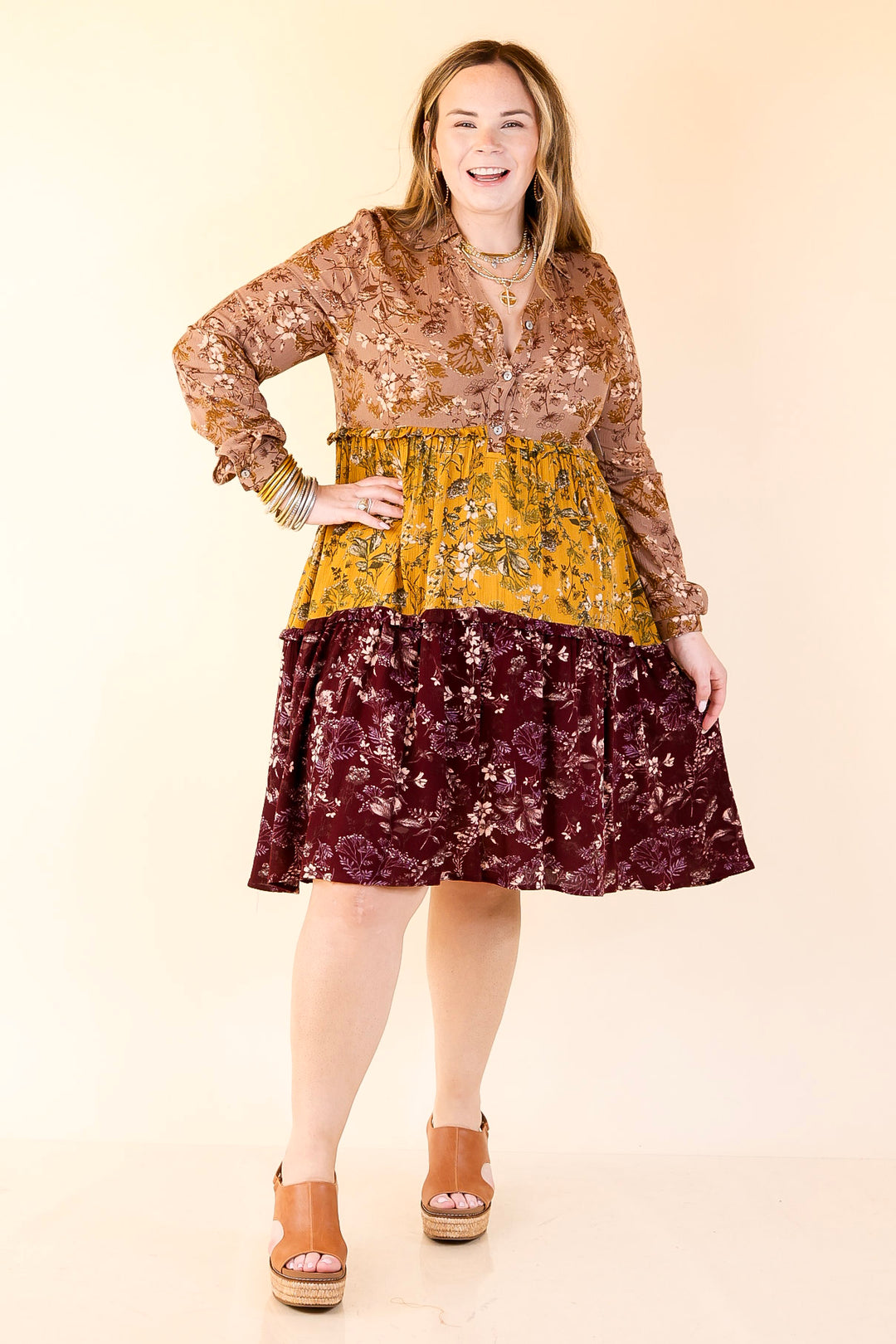 Among the Flowers Floral Ruffle Tier Long Sleeve Dress in Taupe, Mustard, and Burgundy