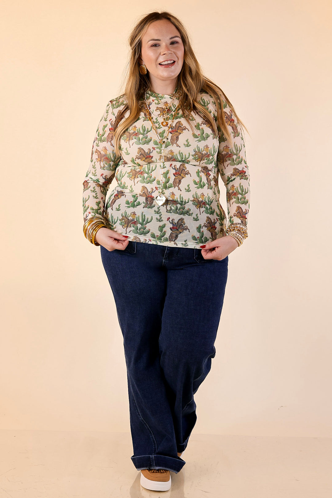 Western Dream Cowboy and Cacti Print Long Sleeve Mesh Top in Ivory