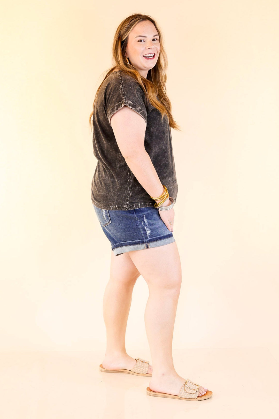 Judy Blue | Hidden Twist Denim Dad Distressed Shorts with Phone Pocket in Dark Wash