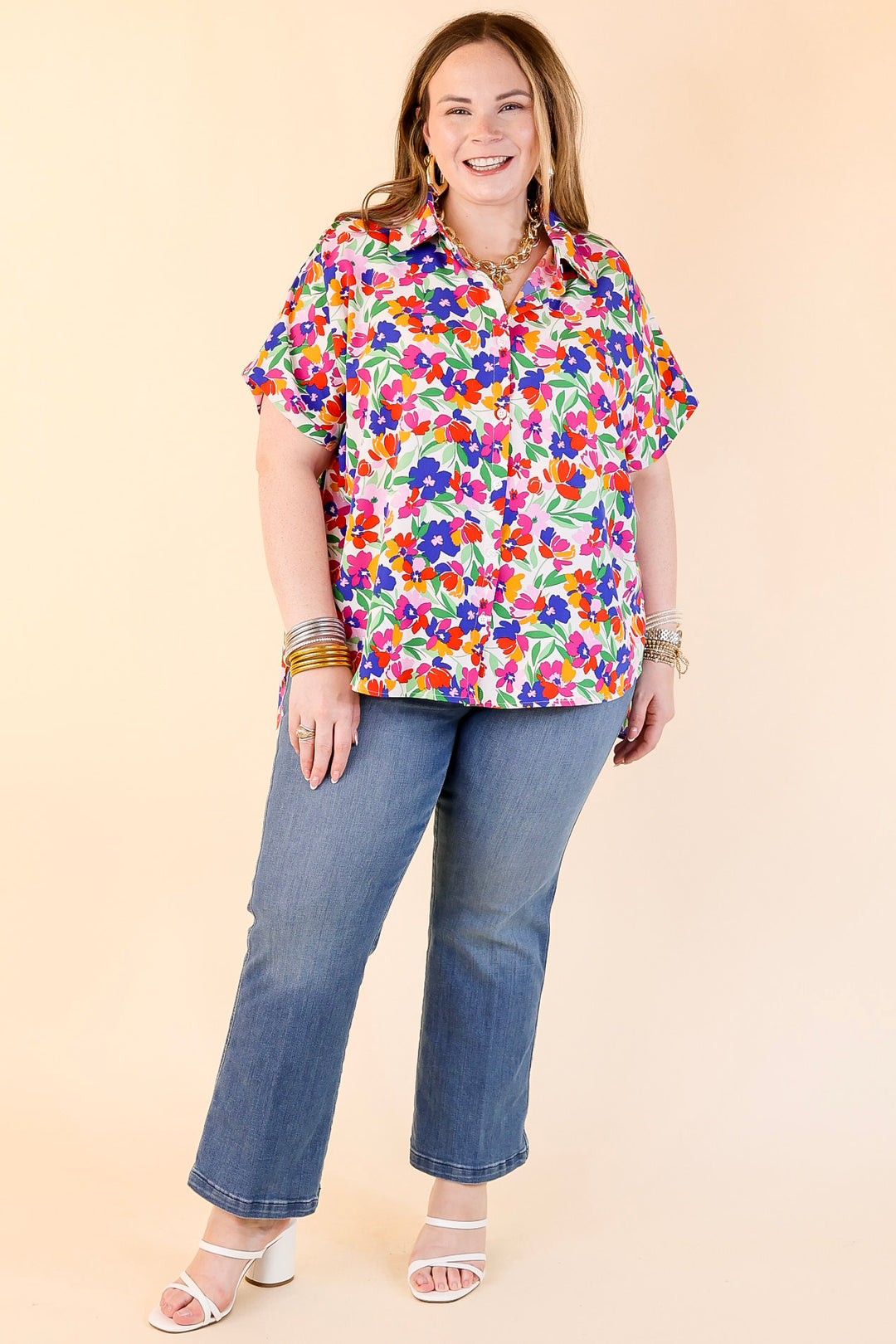 Adventure Awaits Floral Print Button Up Top in Ivory