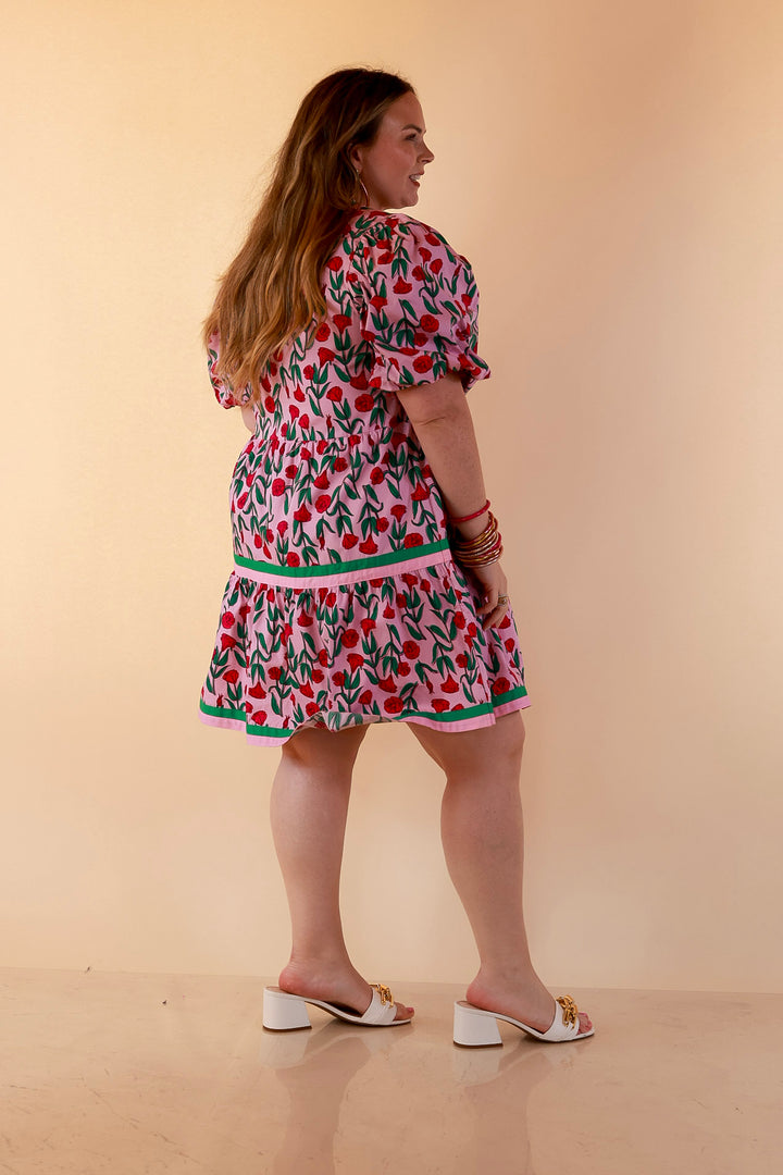 Mud Pie | Blooming Delight Floral Print Mini Dress with Puff Sleeves, Contrast Trim, and Tiered Skirt in Pink and Green