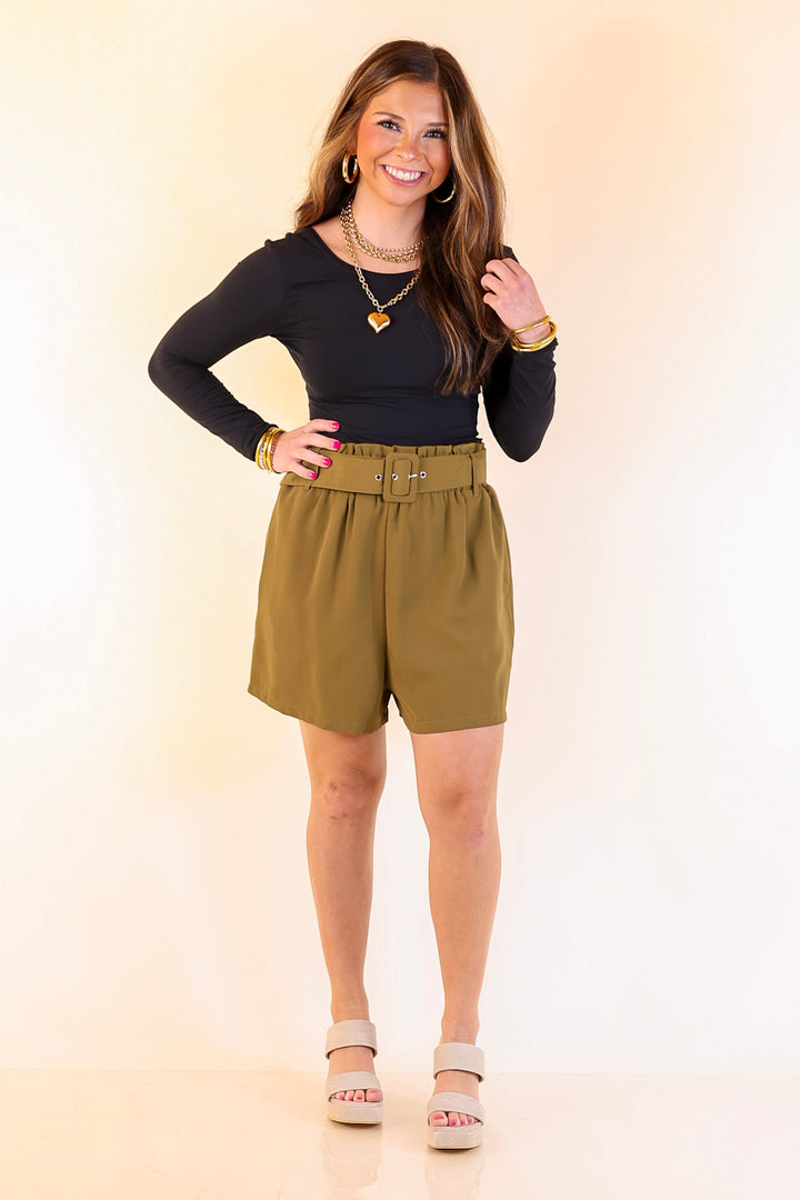 Fine Like Wine Belted Solid Shorts in Olive Green