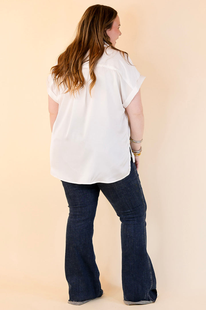 Free To Be Fab Button Up Short Sleeve Top in White