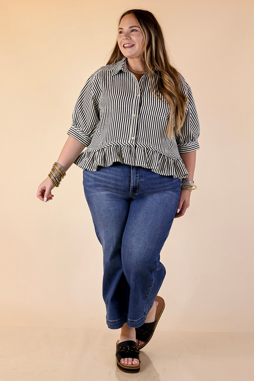 Style Agenda Striped Button Down Collared Top with Ruffle Peplum in Black