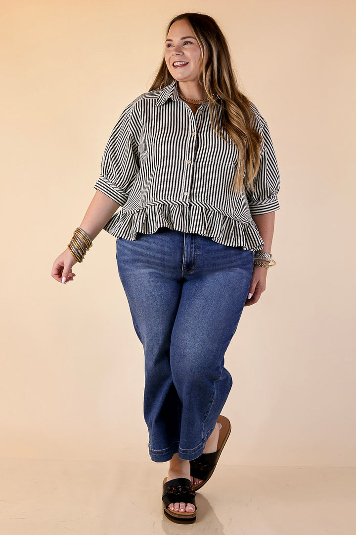 Style Agenda Striped Button Down Collared Top with Ruffle Peplum in Black