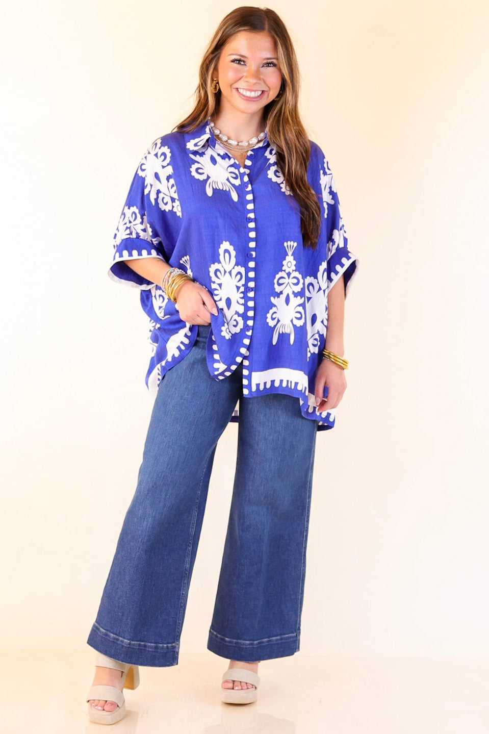 Classic Perfection Damask Print Button Up Collared Blouse in Royal Blue