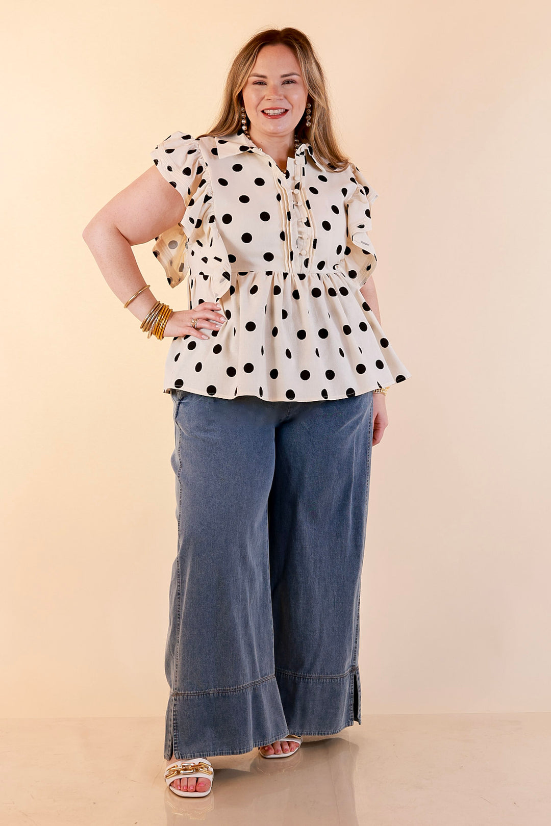 Spot on Style Ruffle Cap Sleeve Button Front Peplum Top with Black Polka Dot Print in Cream