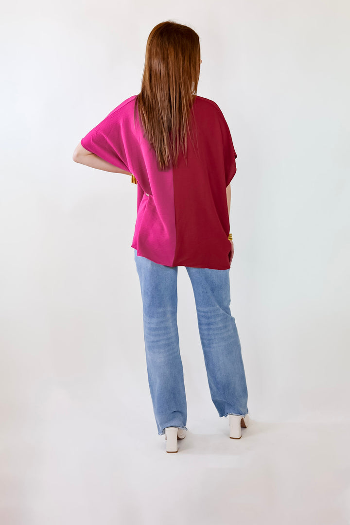 Weekend Out V Neck Placket Color Block Short Sleeve Top in Maroon and Pink - Giddy Up Glamour Boutique