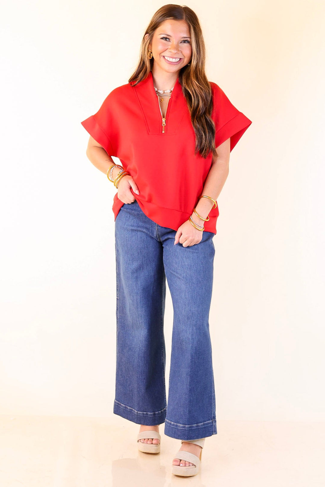 Top Priority Half Zip Collared Scuba Top in Red