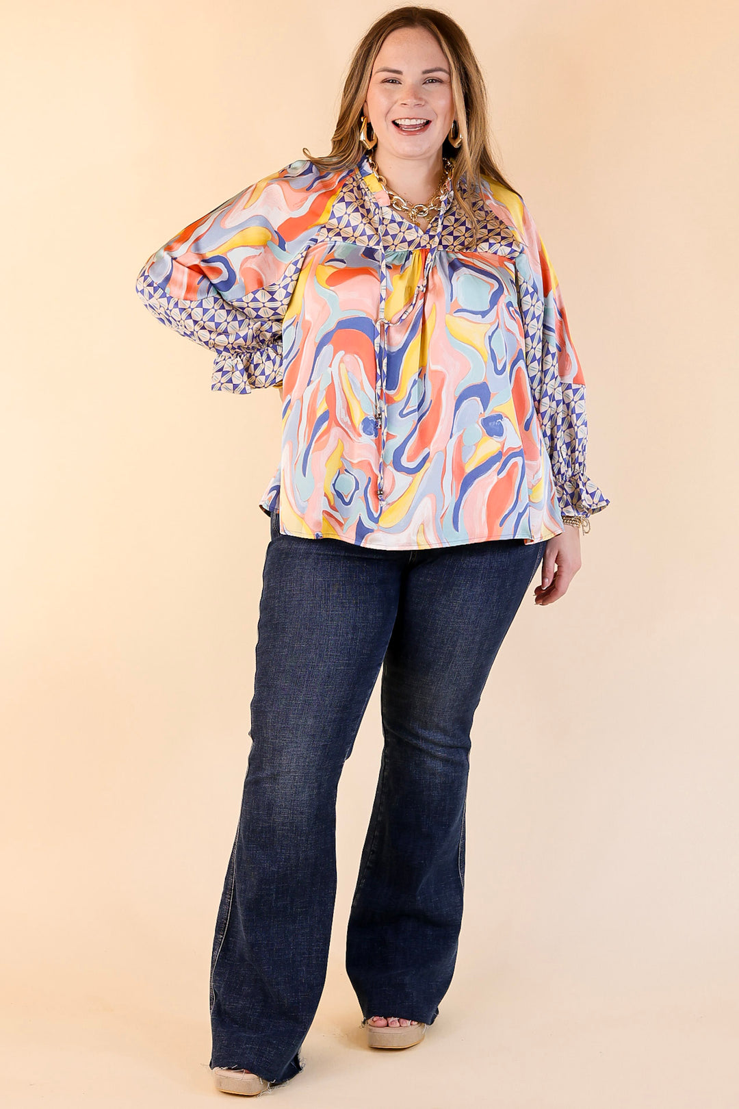 Keen On You Mix Print Blouse with Keyhole and Tie Neckline in Blue Mix