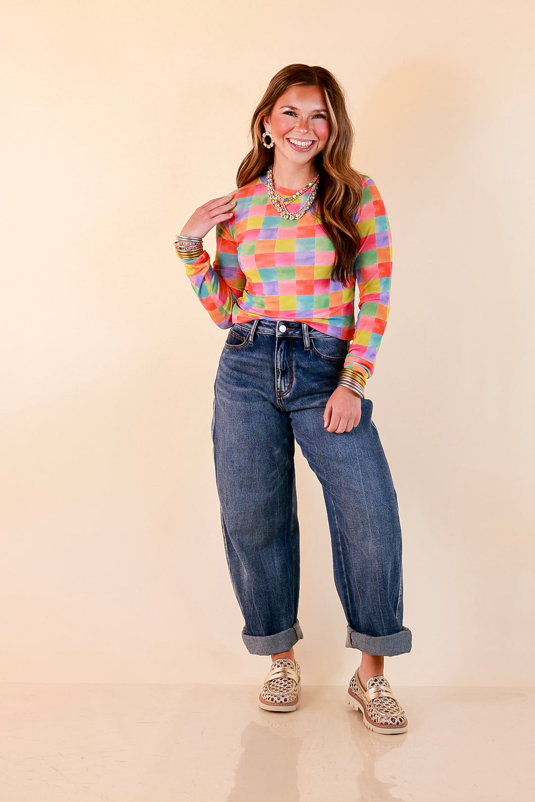 The Essential Layer Watercolor Checkered Print Sheer Mesh Long Sleeve Top in Multicolor