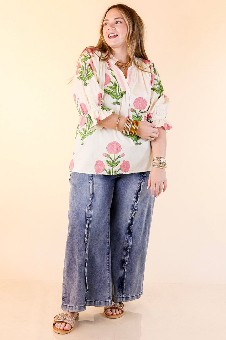 Polished in Petals Floral Print Blouse with Ruffle Sleeves in Cream